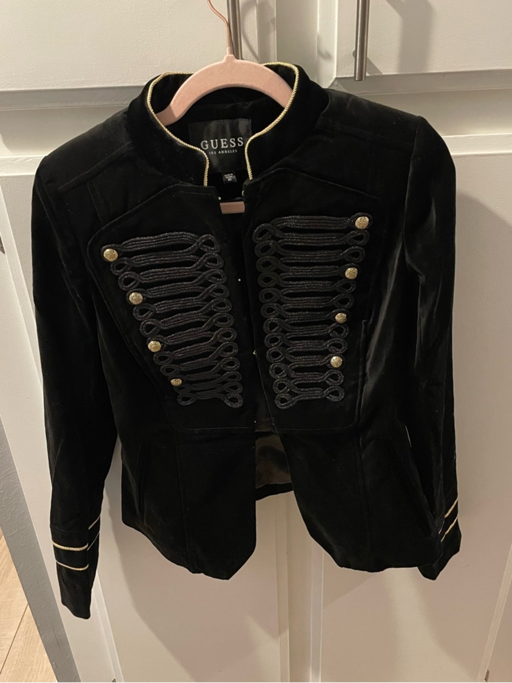 GUESS Black Velvet Military-Style Blazer with Gold Accents, size XS